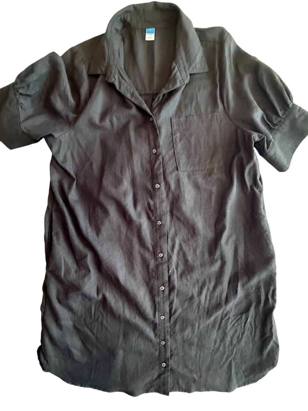 Old Navy Black Short-Sleeve Midi Shirt Dress. linen blend.